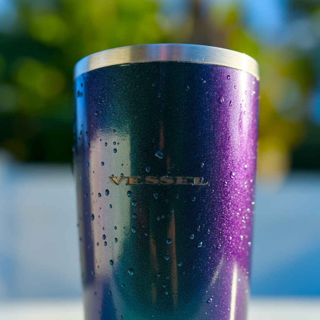 Detalle del acabado azul-morado con luz dorada