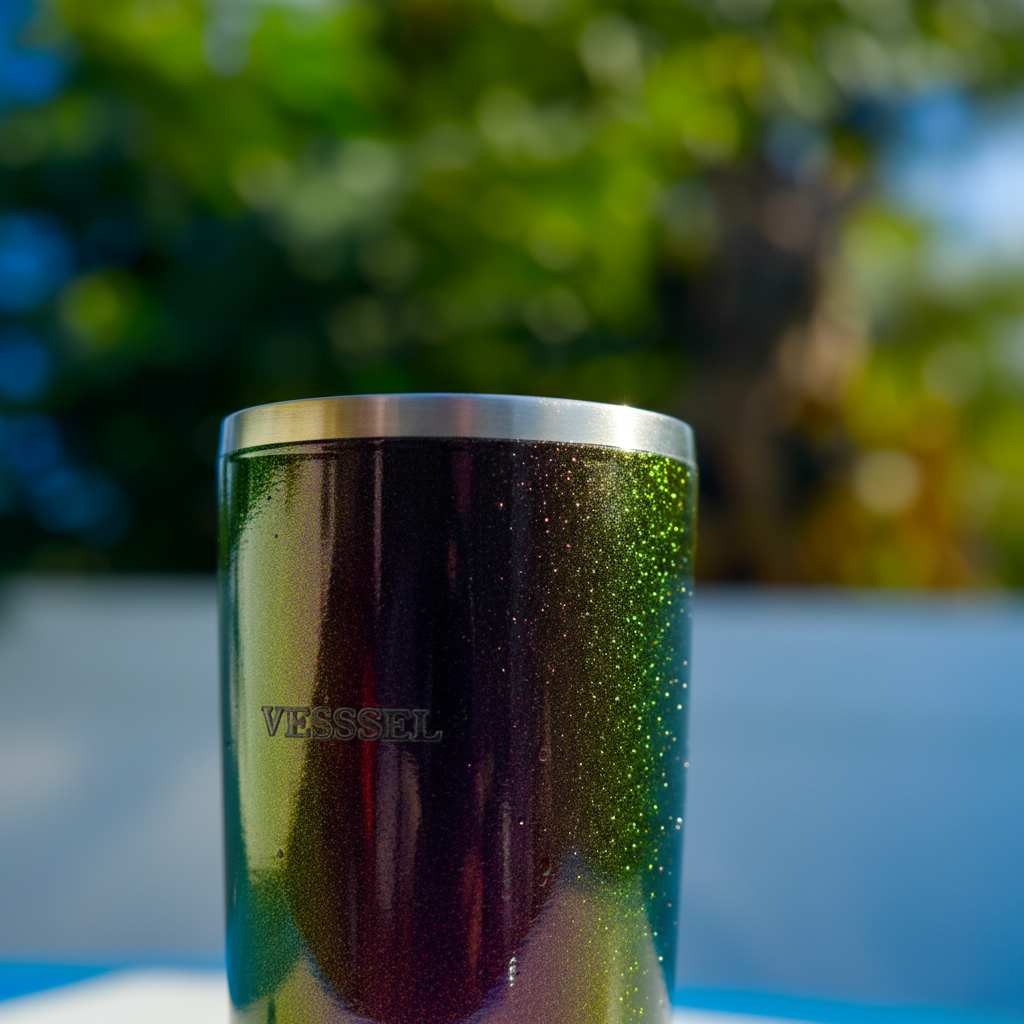 Detalle del acabado iridiscente con luz dorada