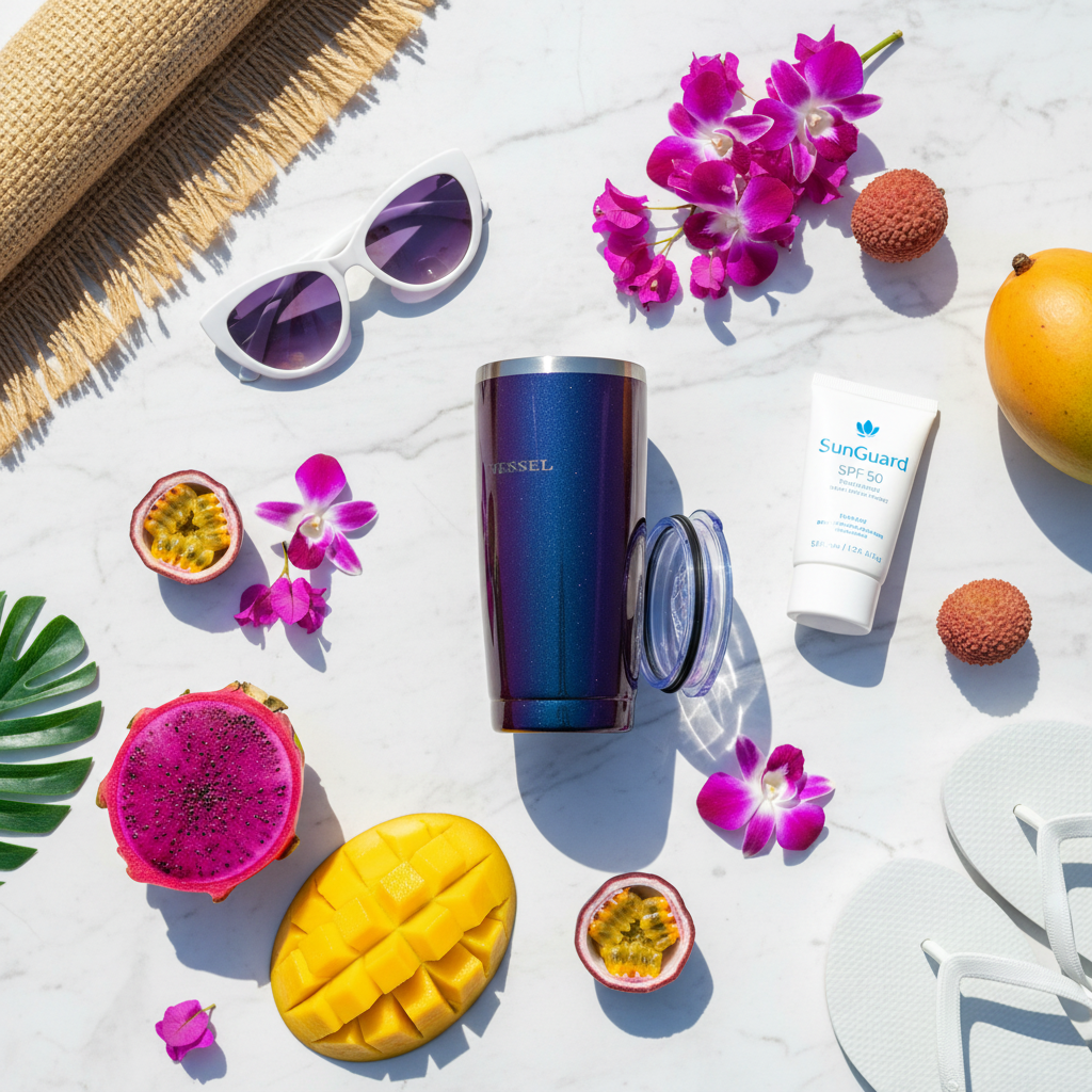 Flat lay con props tropicales premium