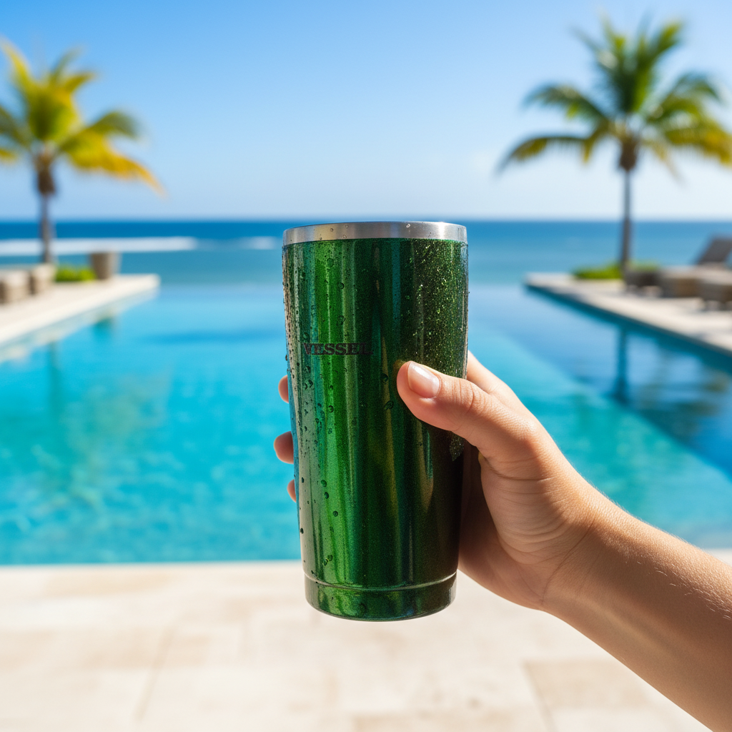 Tumbler en poolside con vista al mar