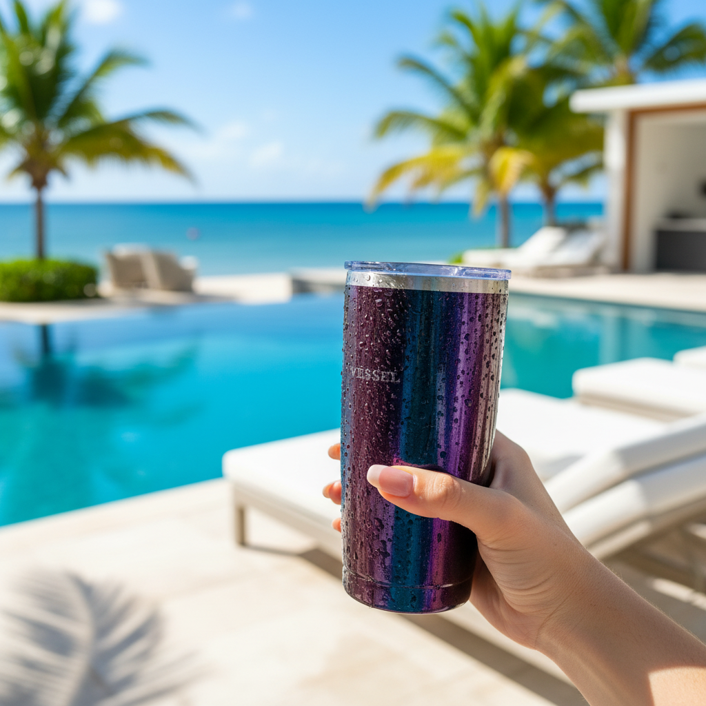 Tumbler en poolside con vista al mar